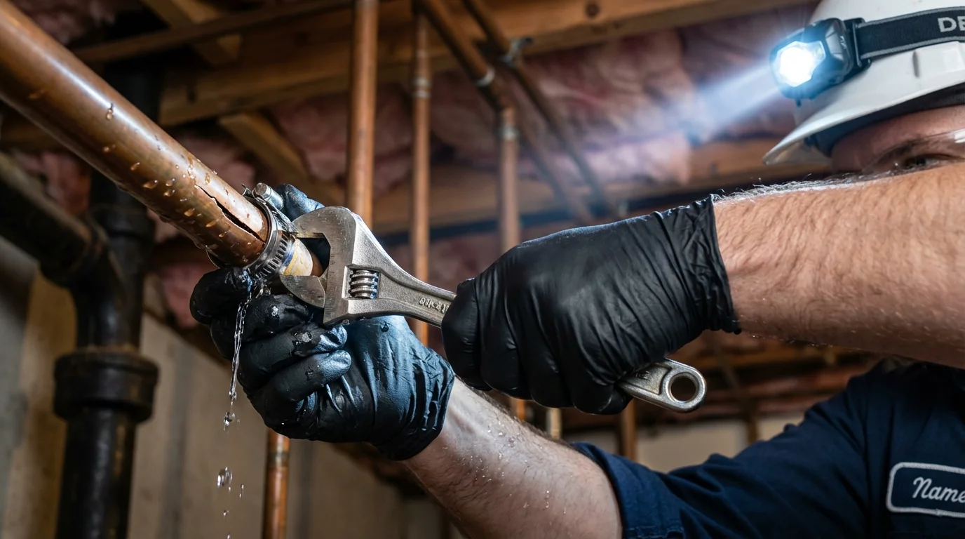 Emergency pipe clamp repair being performed by a Johns Plumbing LLC plumber in Westlake
