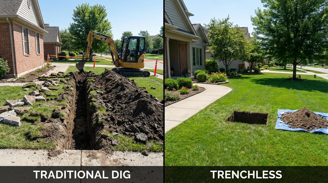 Trenchless sewer repair with minimal yard damage versus traditional excavation in Westlake, LA