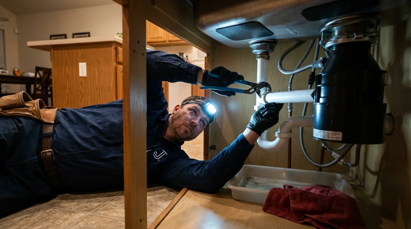 P-trap and supply line connections under a kitchen sink showing a common leak point in Westlake, LA